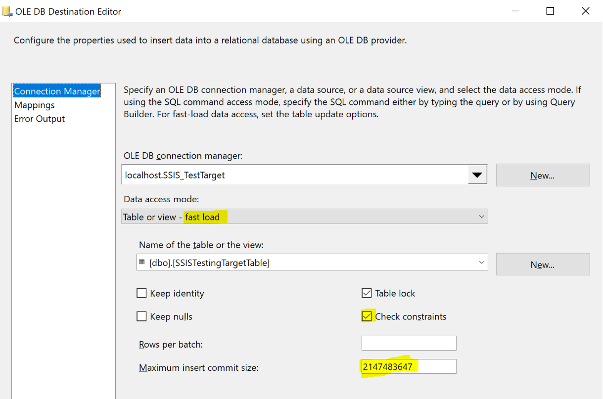 SSIS configuraSSIS configuration destination OLE DBtion destination OLE DB