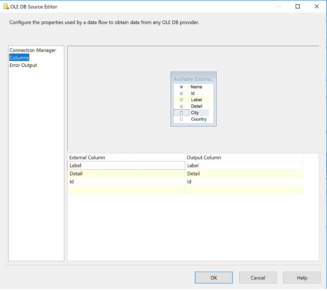 SSIS OLE DB Source column selection