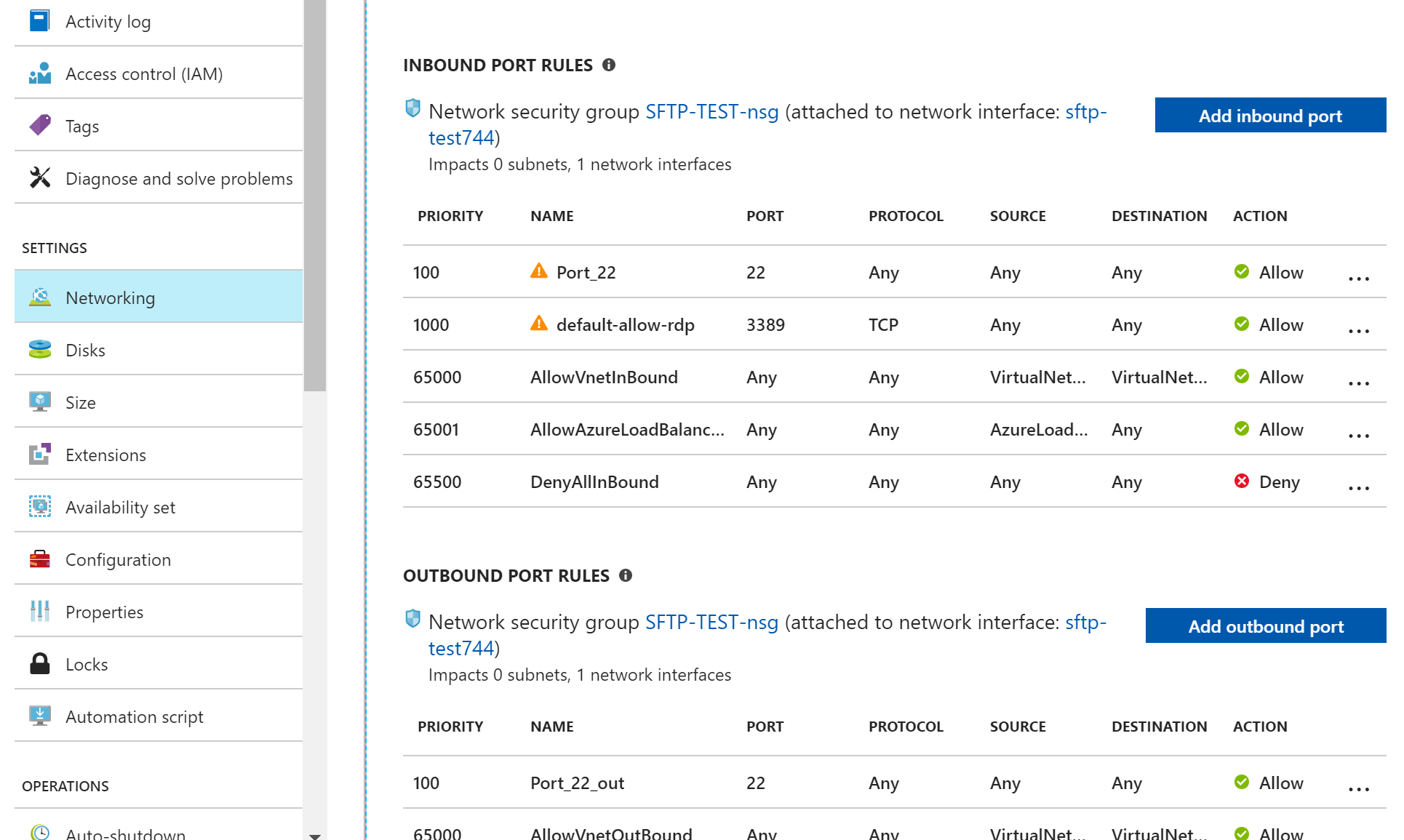 enable port 22 for Azure virtual machine