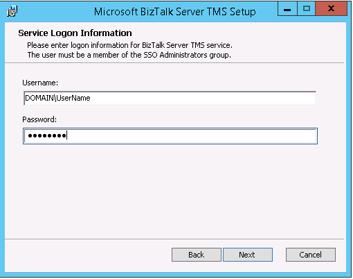 BizTalk TMS Setup - username and password