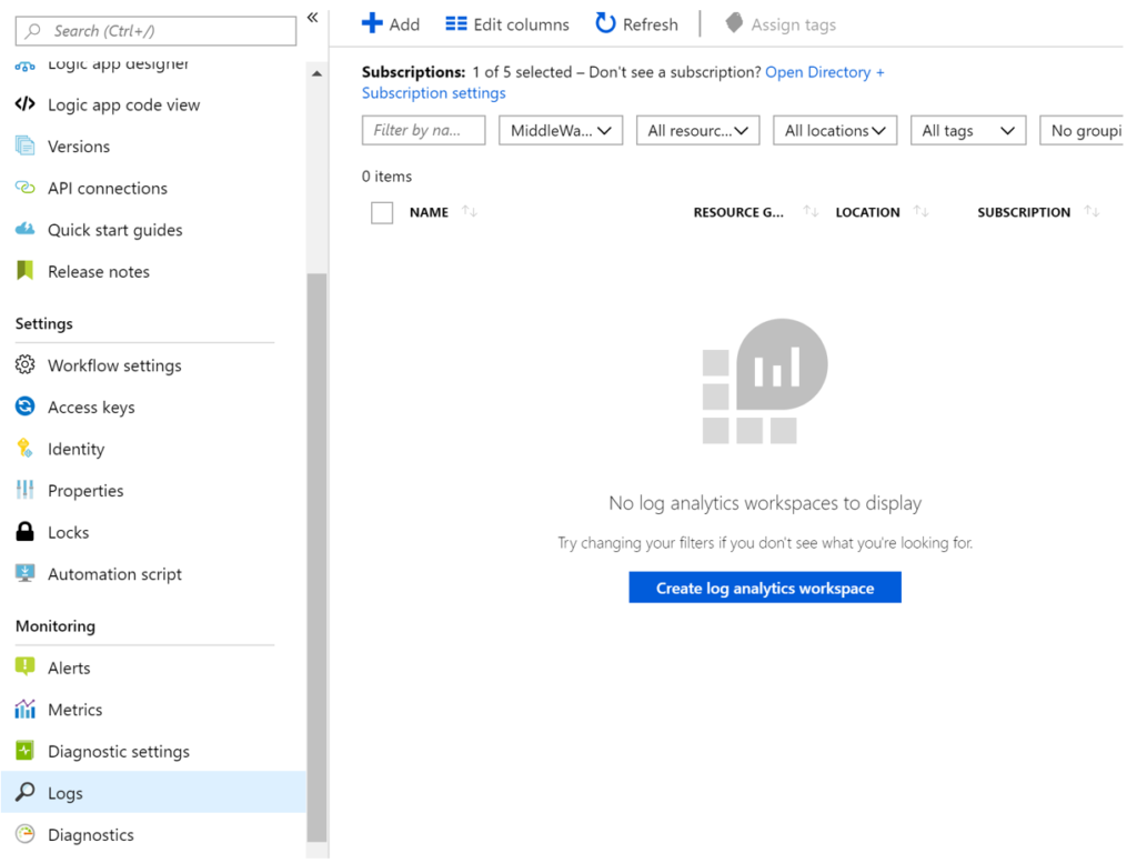 lier logic app et workspace log analytics depuis settings