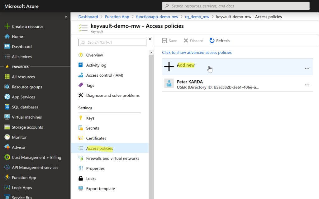 Adding Key Vault Access Policy to Function App principal