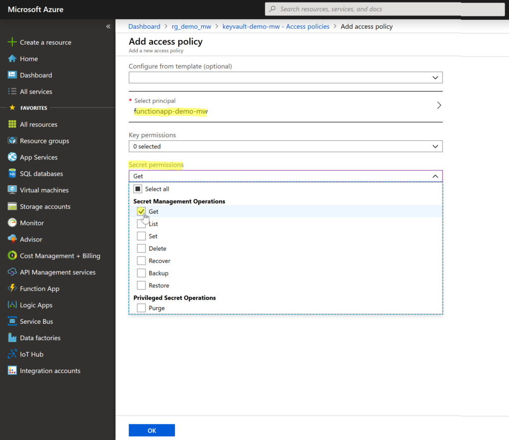 Adding Key Vault Access Policy to Function App principal