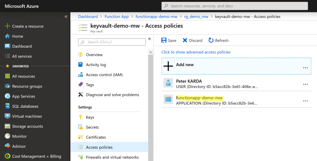 Adding Key Vault Access Policy to Function App principal