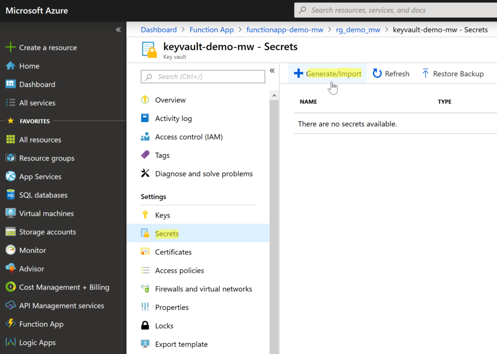 Adding secret to Azure Key Vault