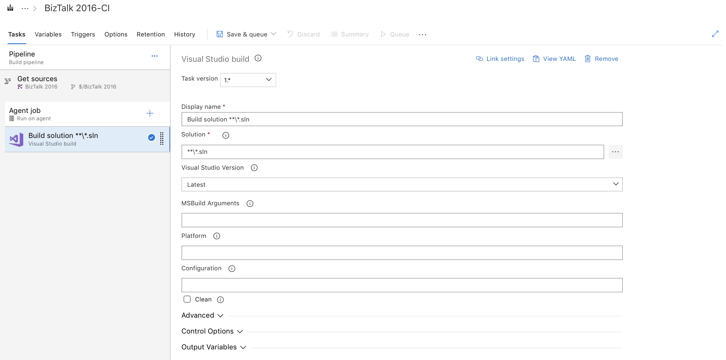 Configuration tâche de build