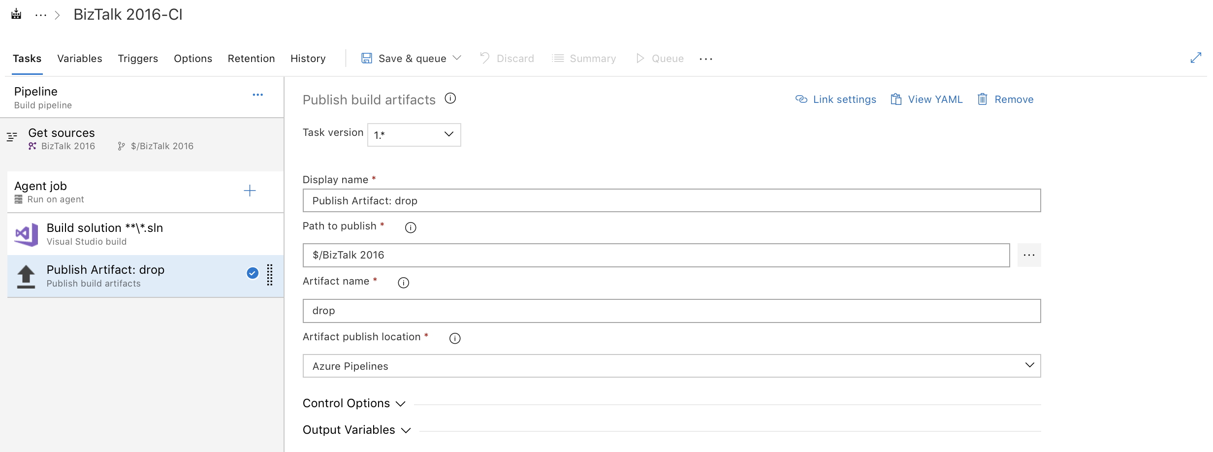 Configuration tâche publish