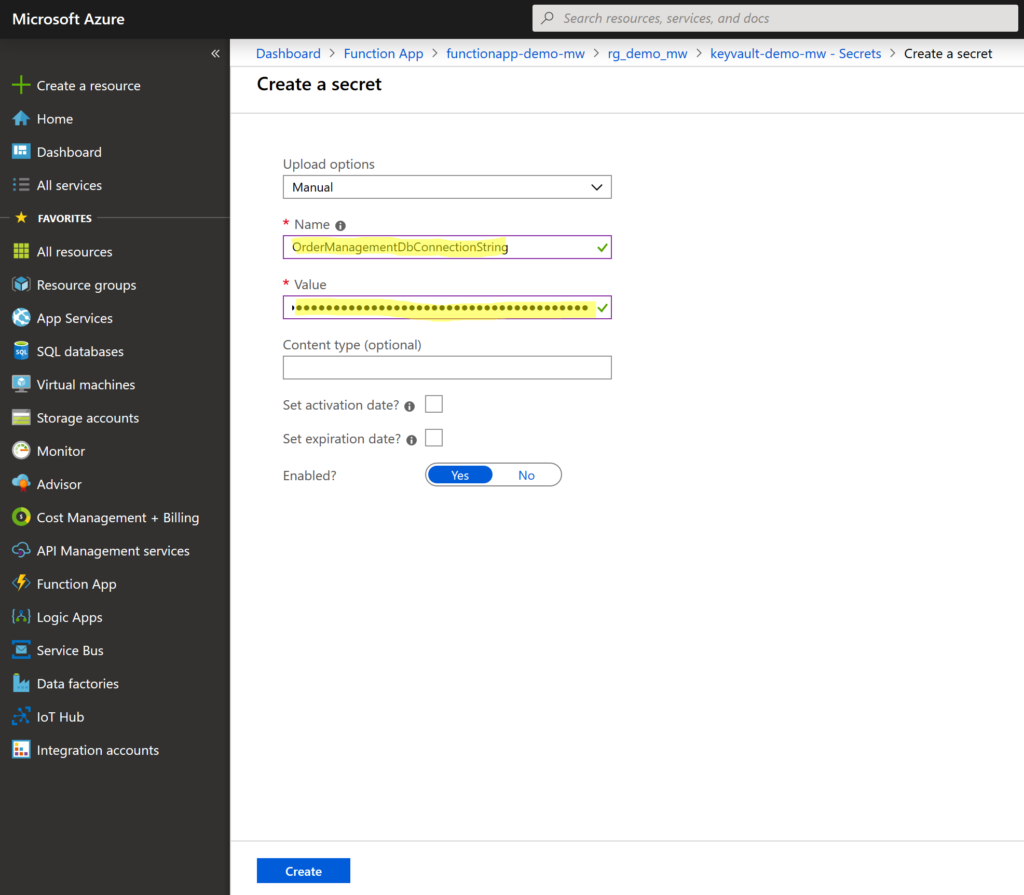 Adding secret to Azure Key Vault