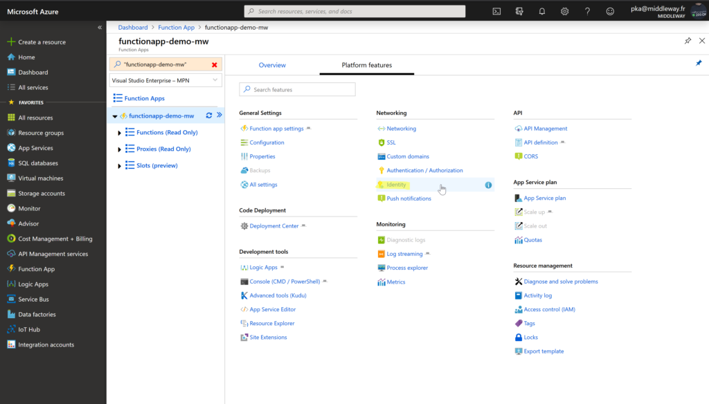 Enabling system managed identity in Azure Function App