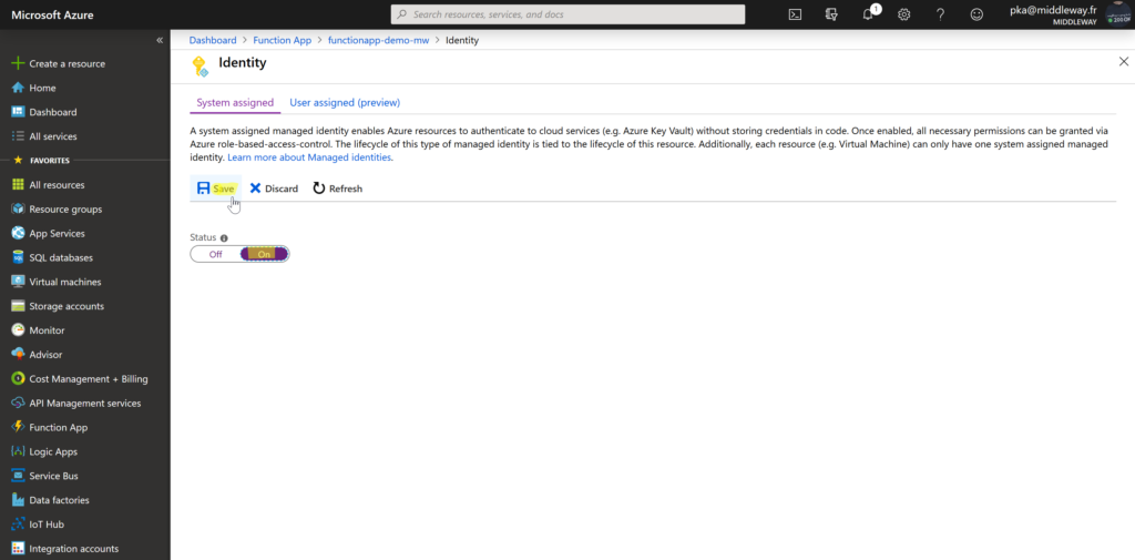 Activation de l’identité managée par le système dans Azure Function App