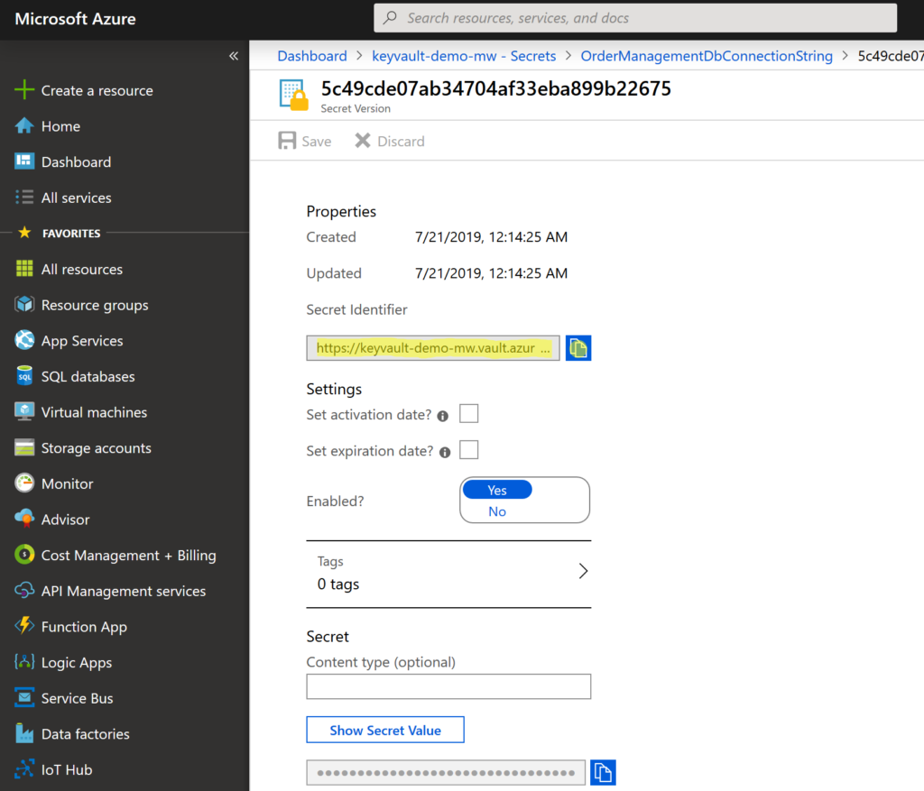 Adding secret to Azure Key Vault