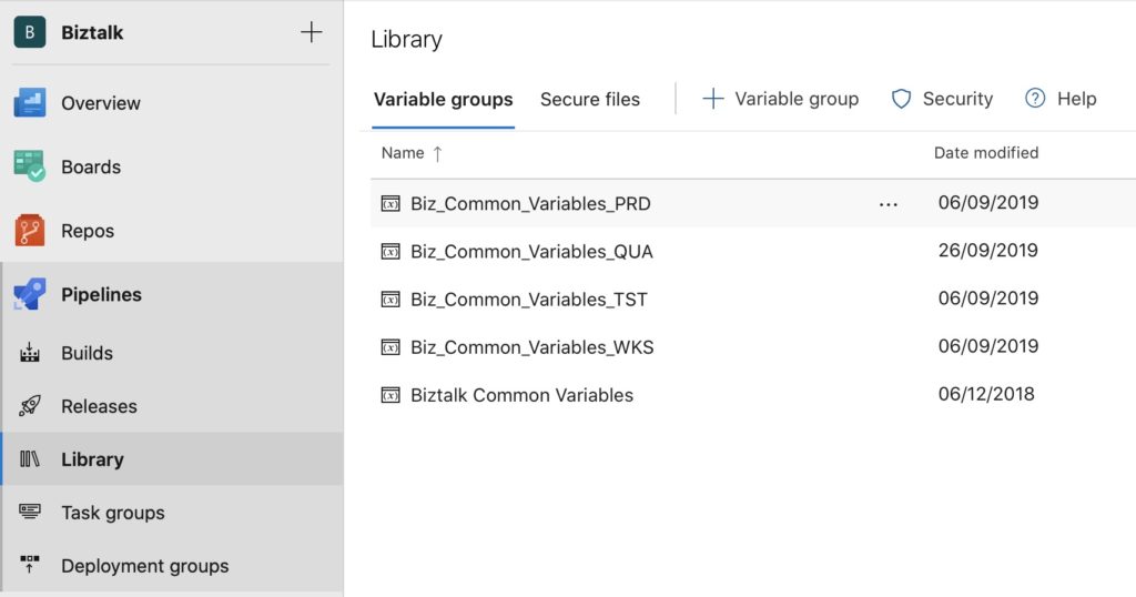 Configuration des variable groups