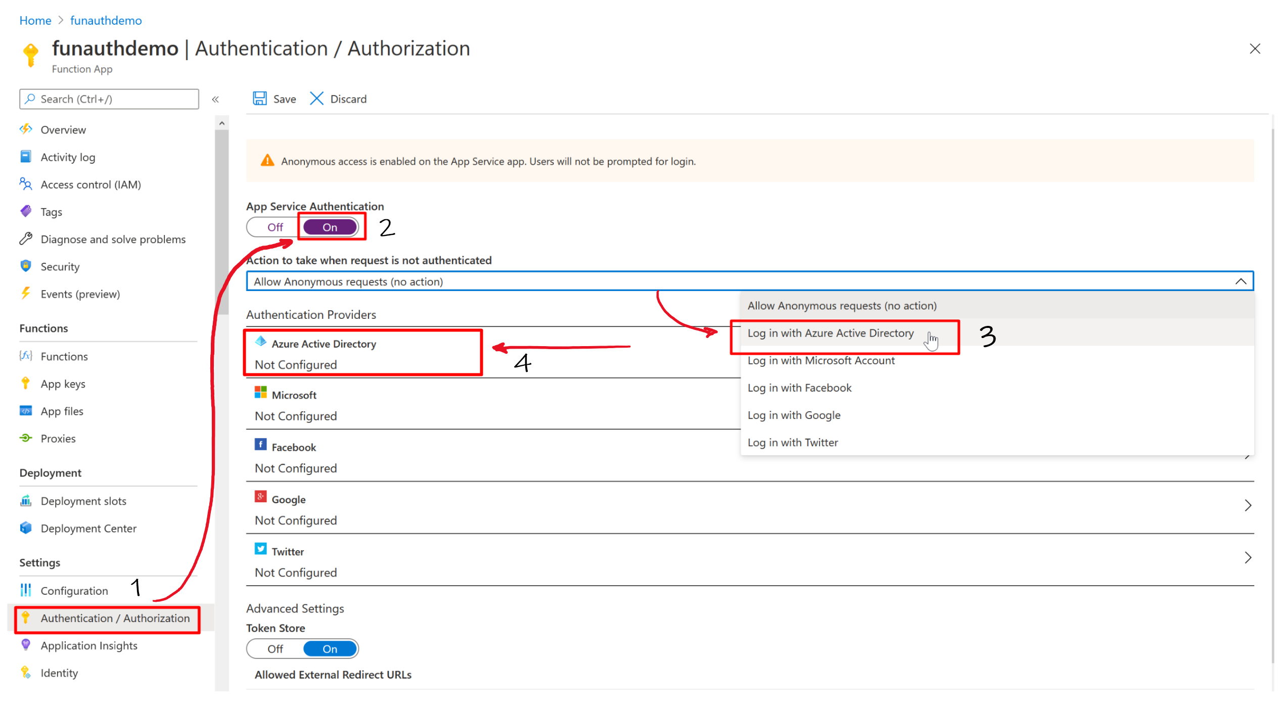 Setting up AAD authentication on Azure Function App