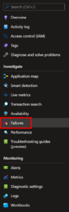 Menu Failures dans Application Insight