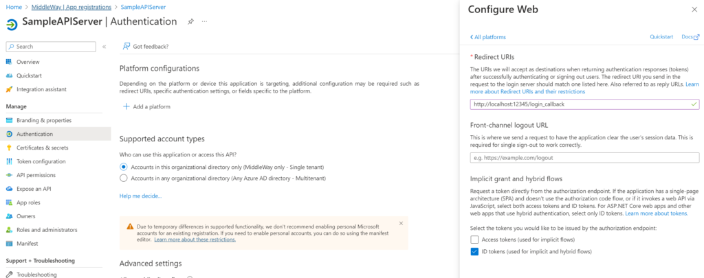 OAuth Authorization Code Azure AD Server Config