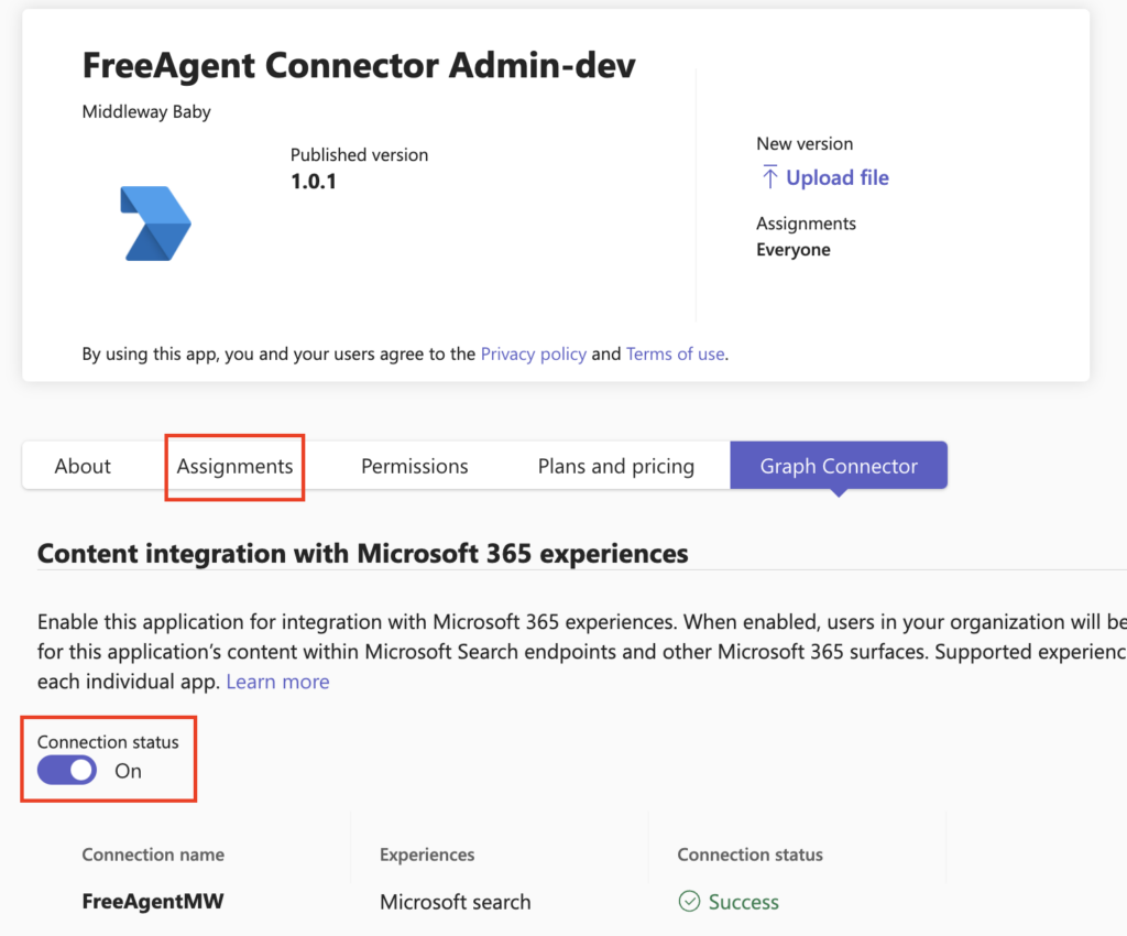 Interface de gestion d'un connecteur graph dans le portail d'admin Teams